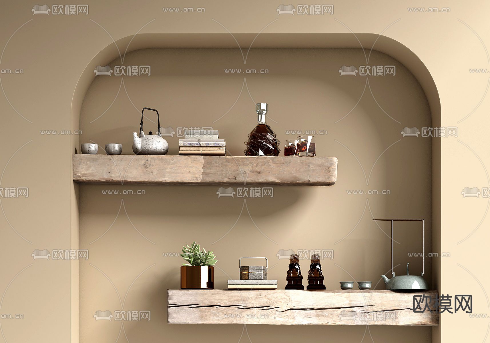 新中式茶具 酒瓶 书籍su模型下载（渲染图2）