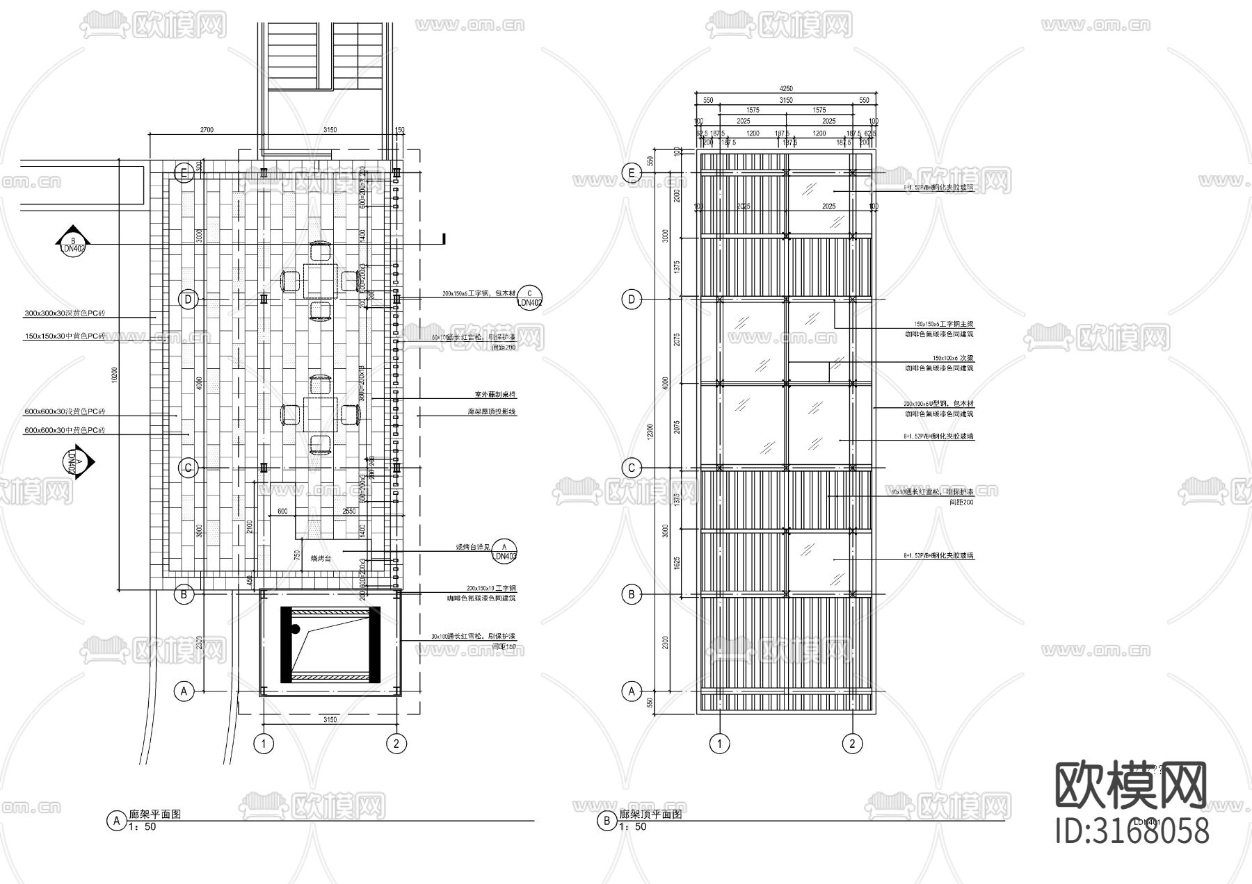 景观廊架cad大样图下载（渲染图1）