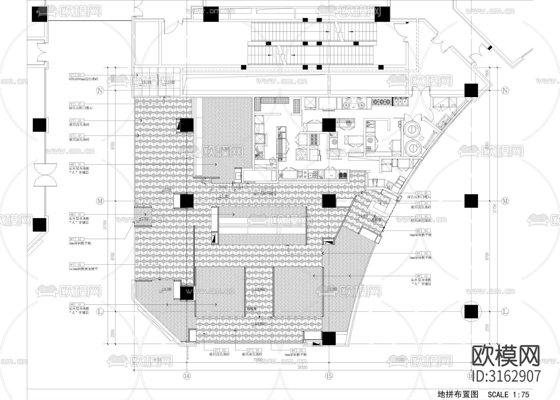 580㎡餐厅 餐厅餐饮cad施工图下载（渲染图3）
