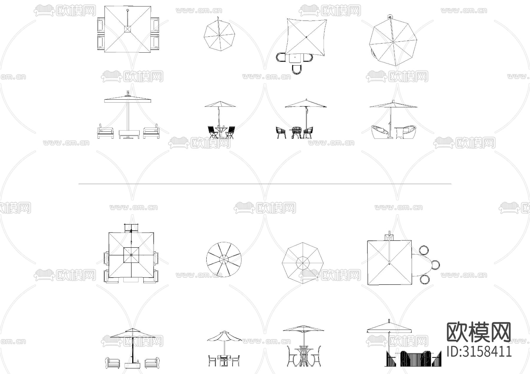 户外遮阳伞桌椅cad图库下载（渲染图2）