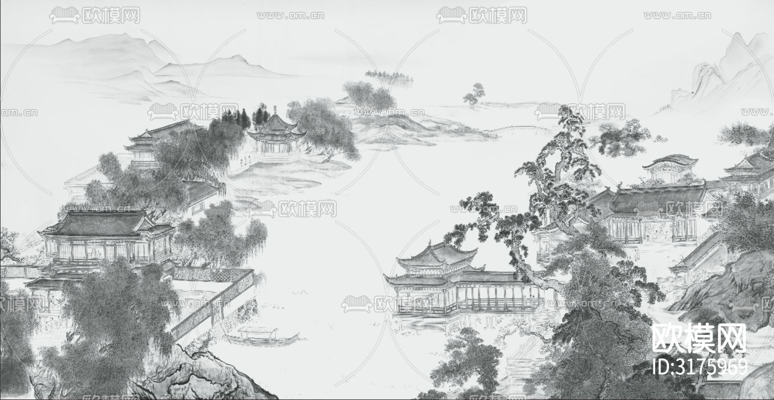 中式壁纸壁画中式山水壁画贴图下载