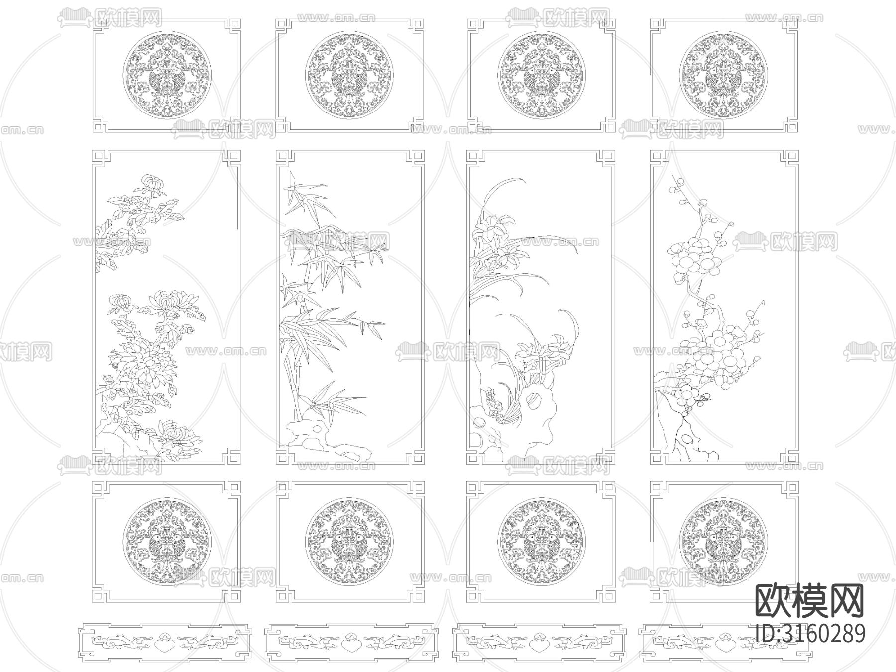 中式古典雕花装饰画cad图库下载（渲染图3）