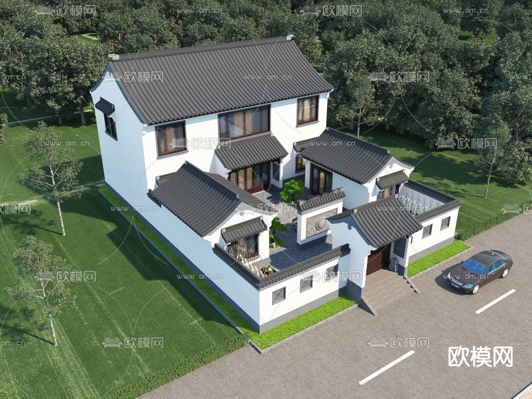 新中式四合院3d模型下载(渲染图4)