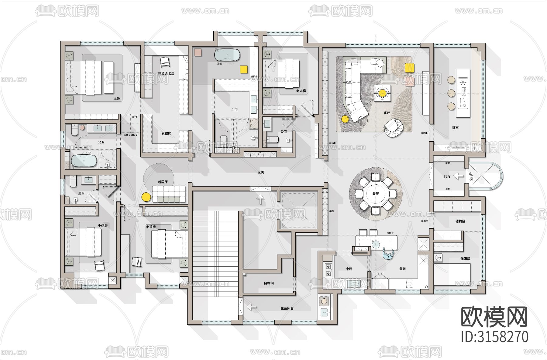 家具住宅五室设计方案cad平面图下载（渲染图3）