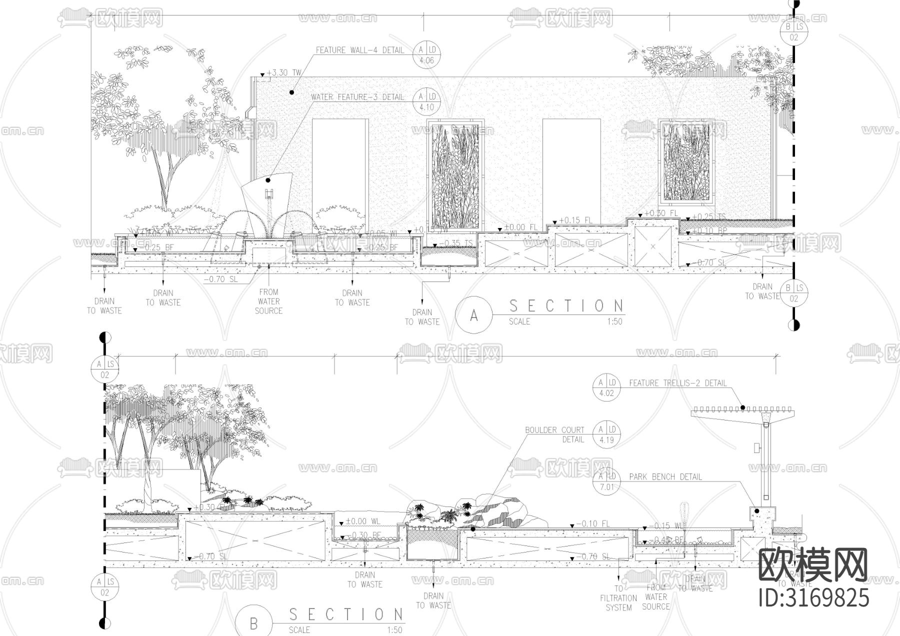 喷水涌泉详图剖面图cad图库下载（渲染图6）