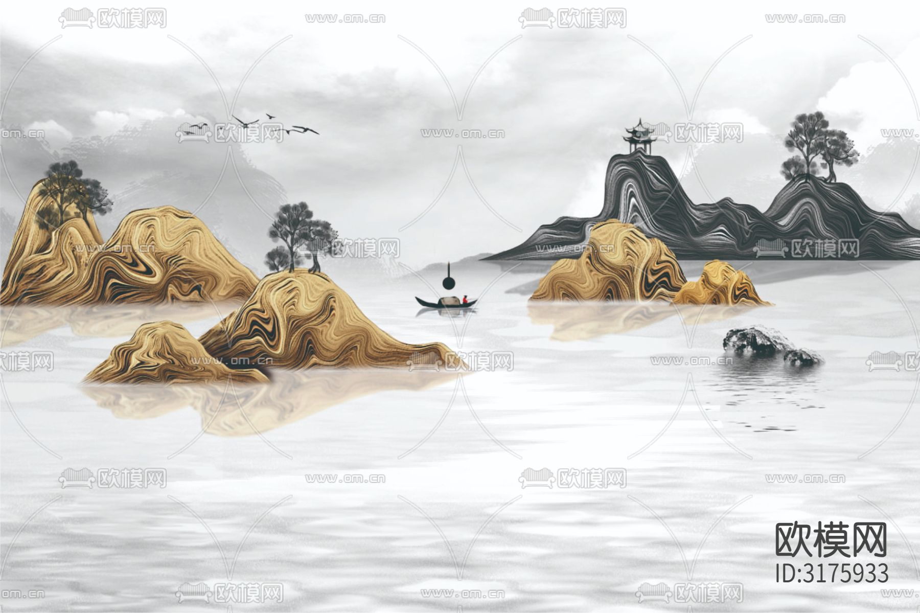 新中式山水装饰壁画贴图下载