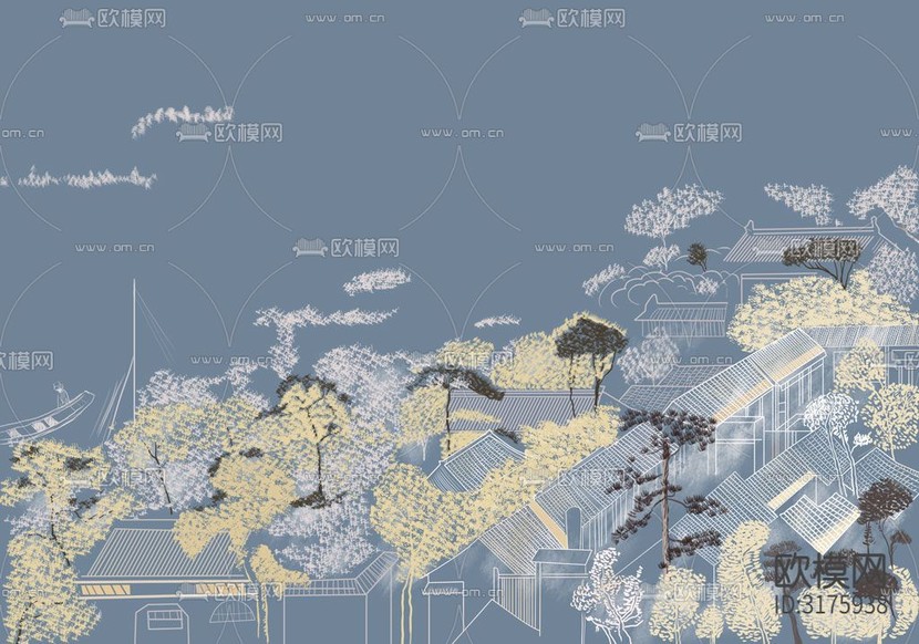新中式線描壁紙貼圖下載