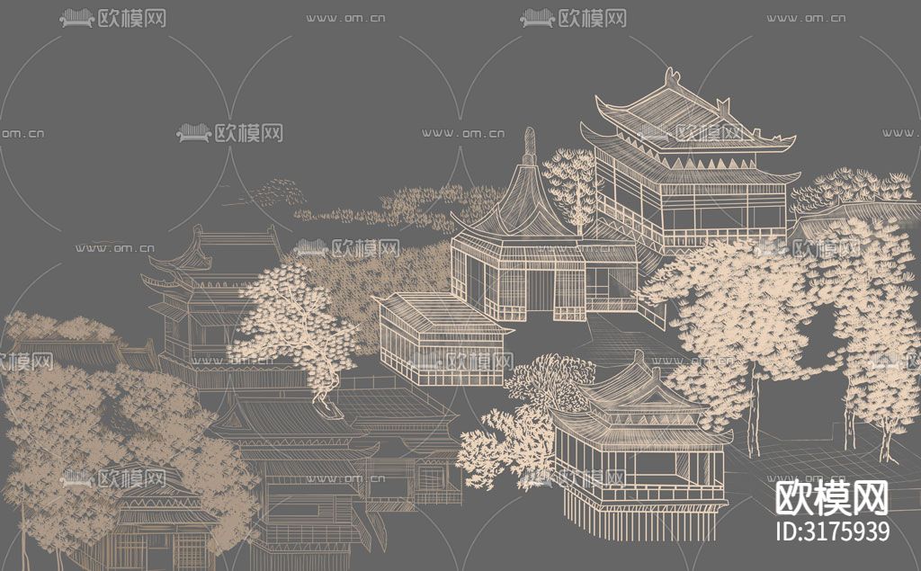 新中式线描楼阁壁纸贴图下载