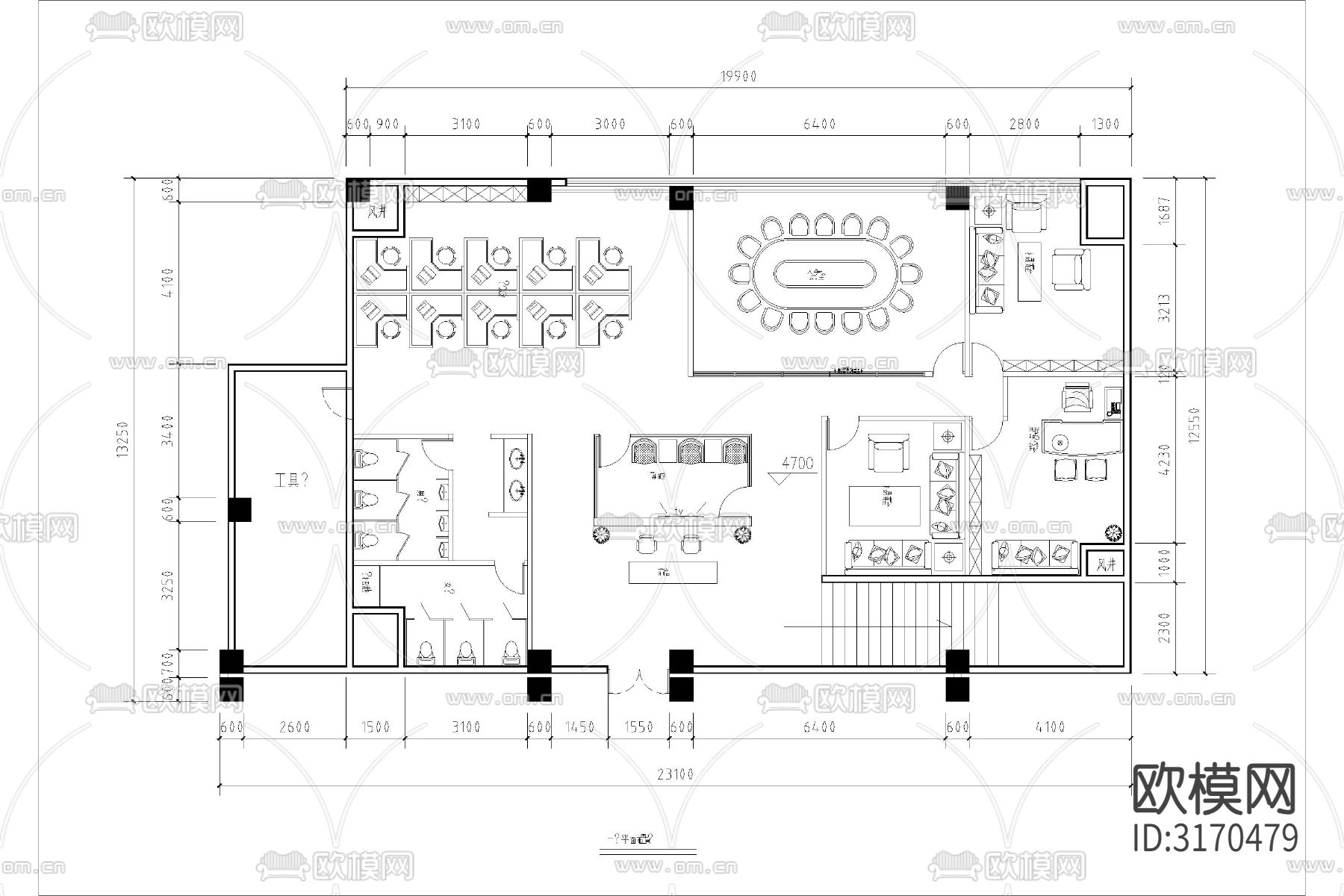办公室工装家具办公空间cad平面图下载（渲染图1）