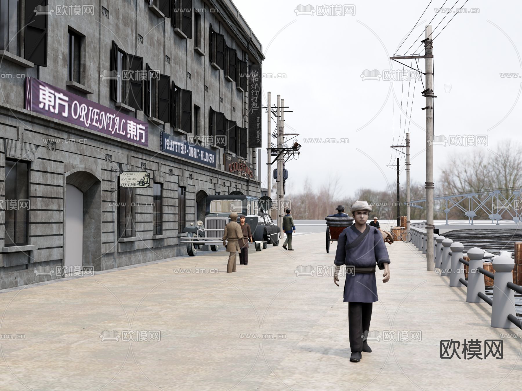 古建筑 特色建筑 人物码头 电线杆子su模型下载（渲染图2）