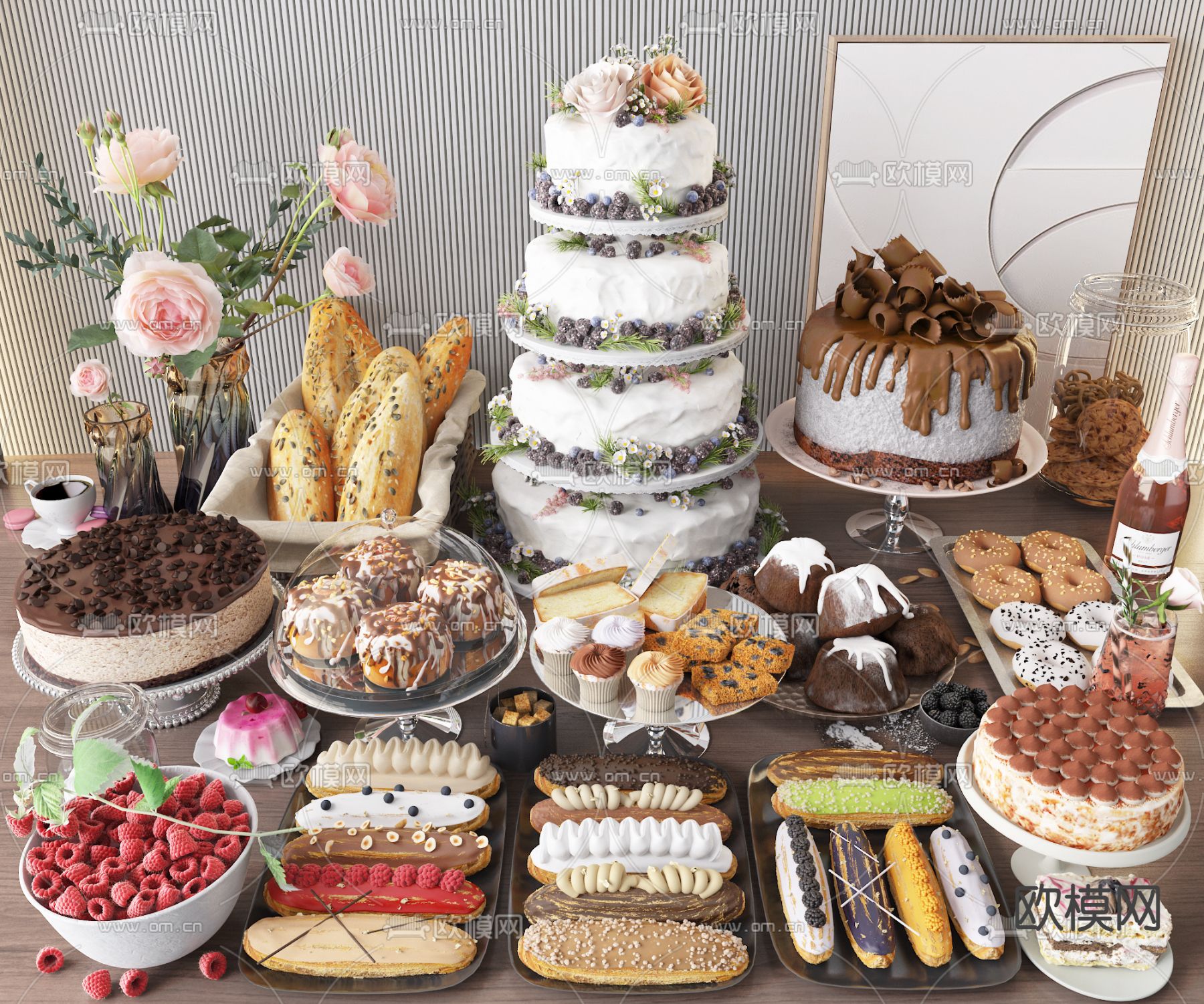 奶油蛋糕 面包 树莓 法棍 甜甜圈3d模型下载