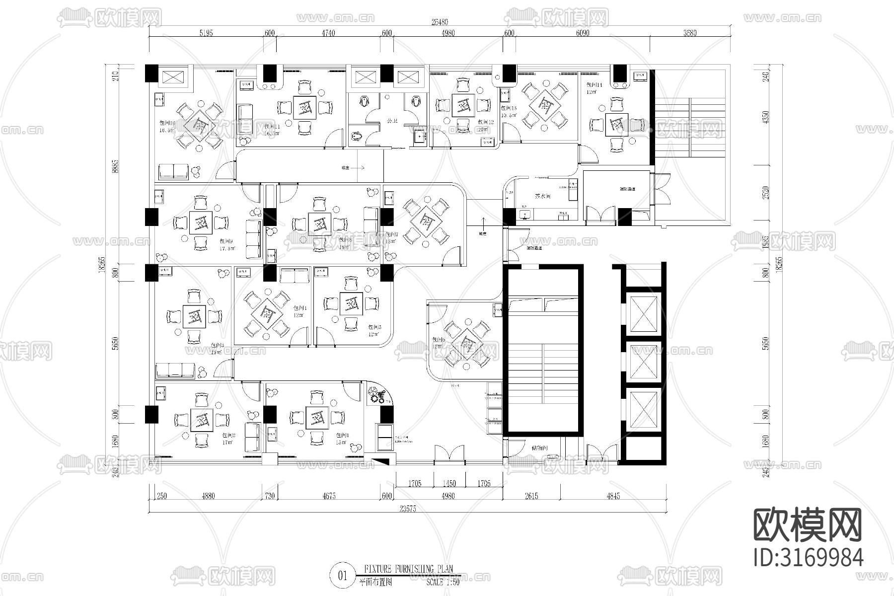 棋牌室 会所娱乐空间平面cad图库下载（渲染图1）