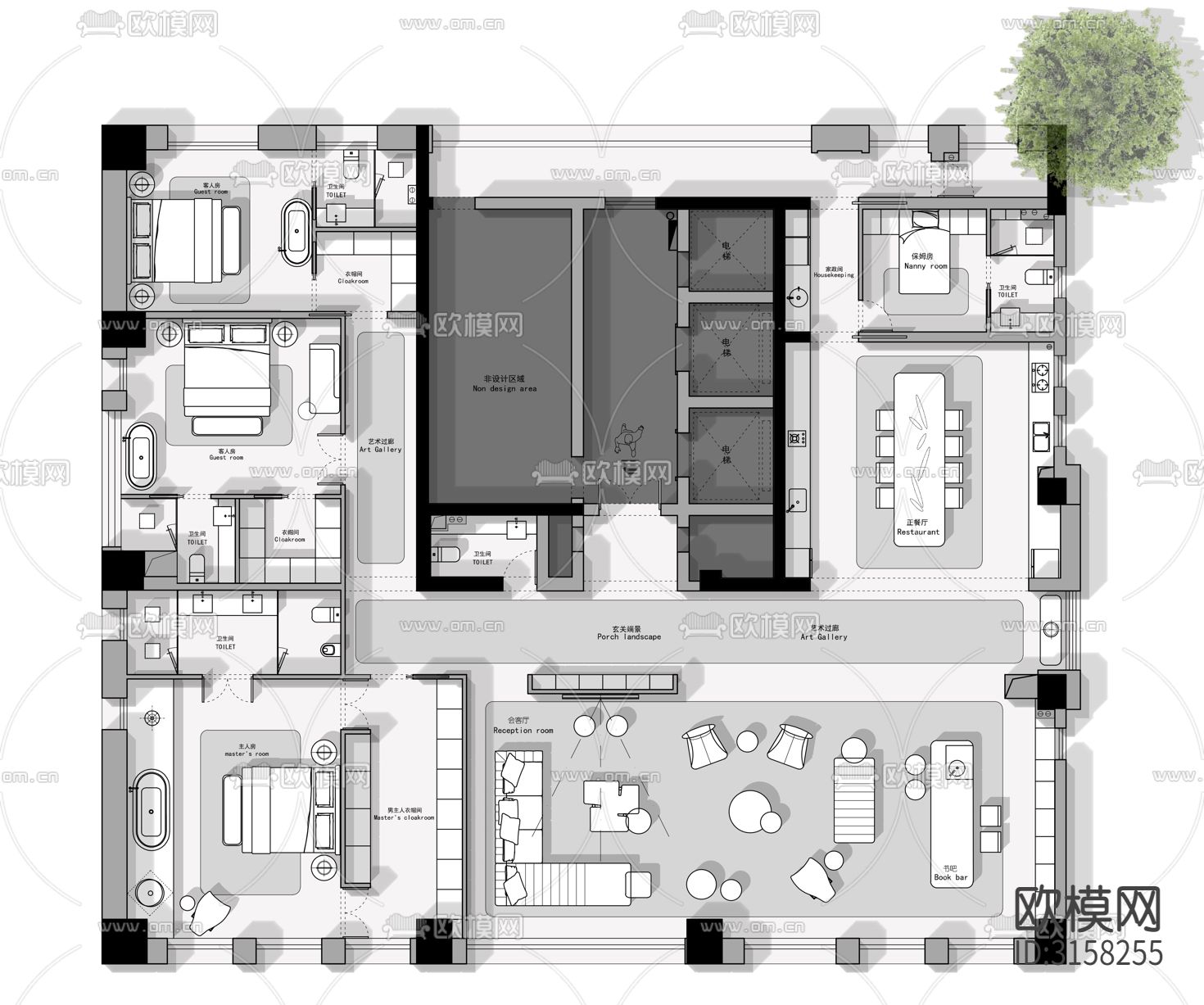 451㎡超级大平层设计方案cad平面图下载（渲染图1）