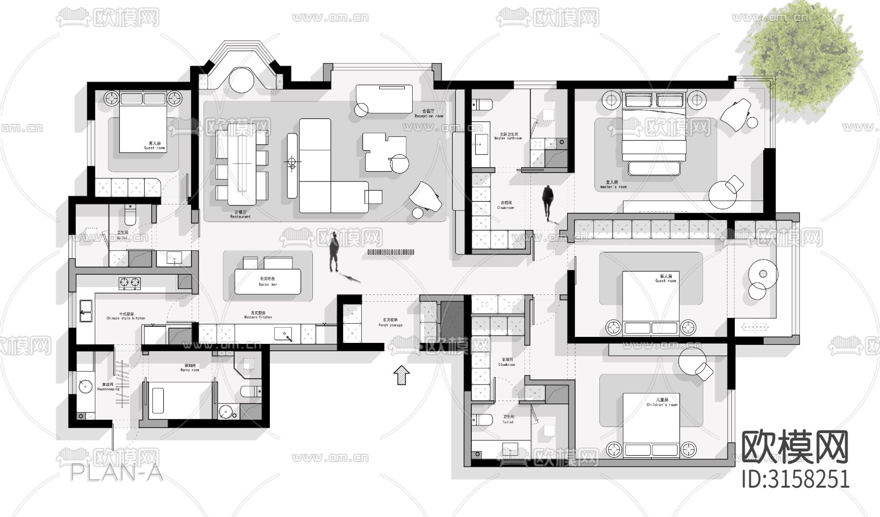 246平大平层设计方案cad平面图下载（渲染图1）