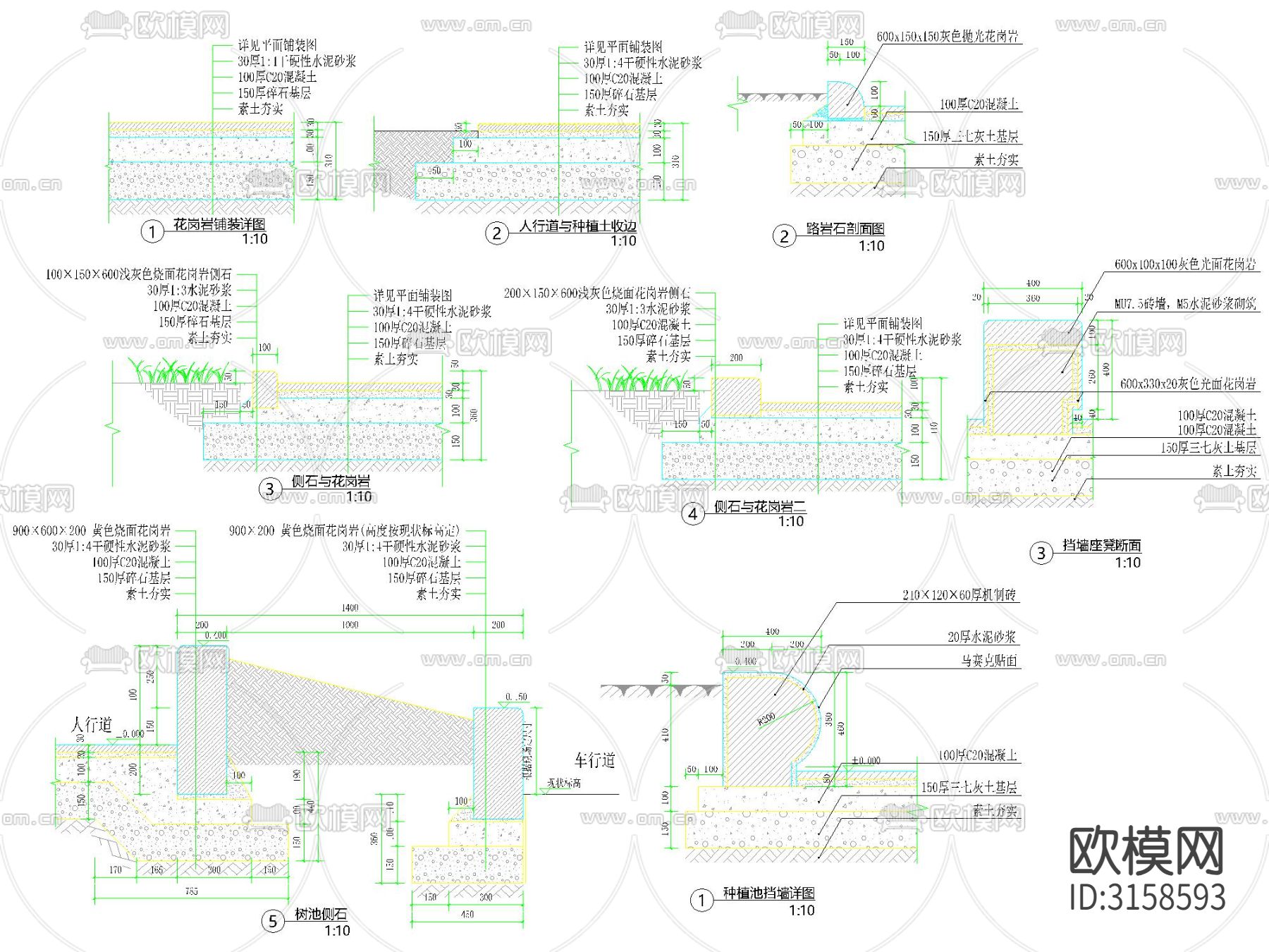 各种规格 形式 道牙路沿石cad图库下载（渲染图2）