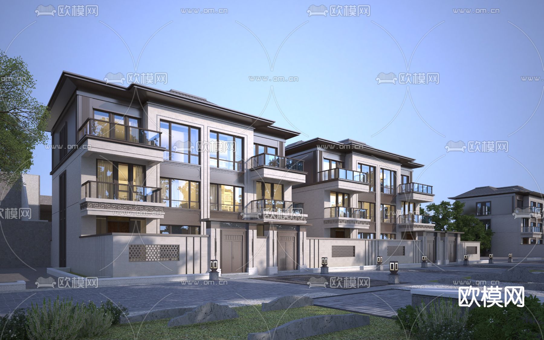 简欧双拼别墅外观3d模型下载