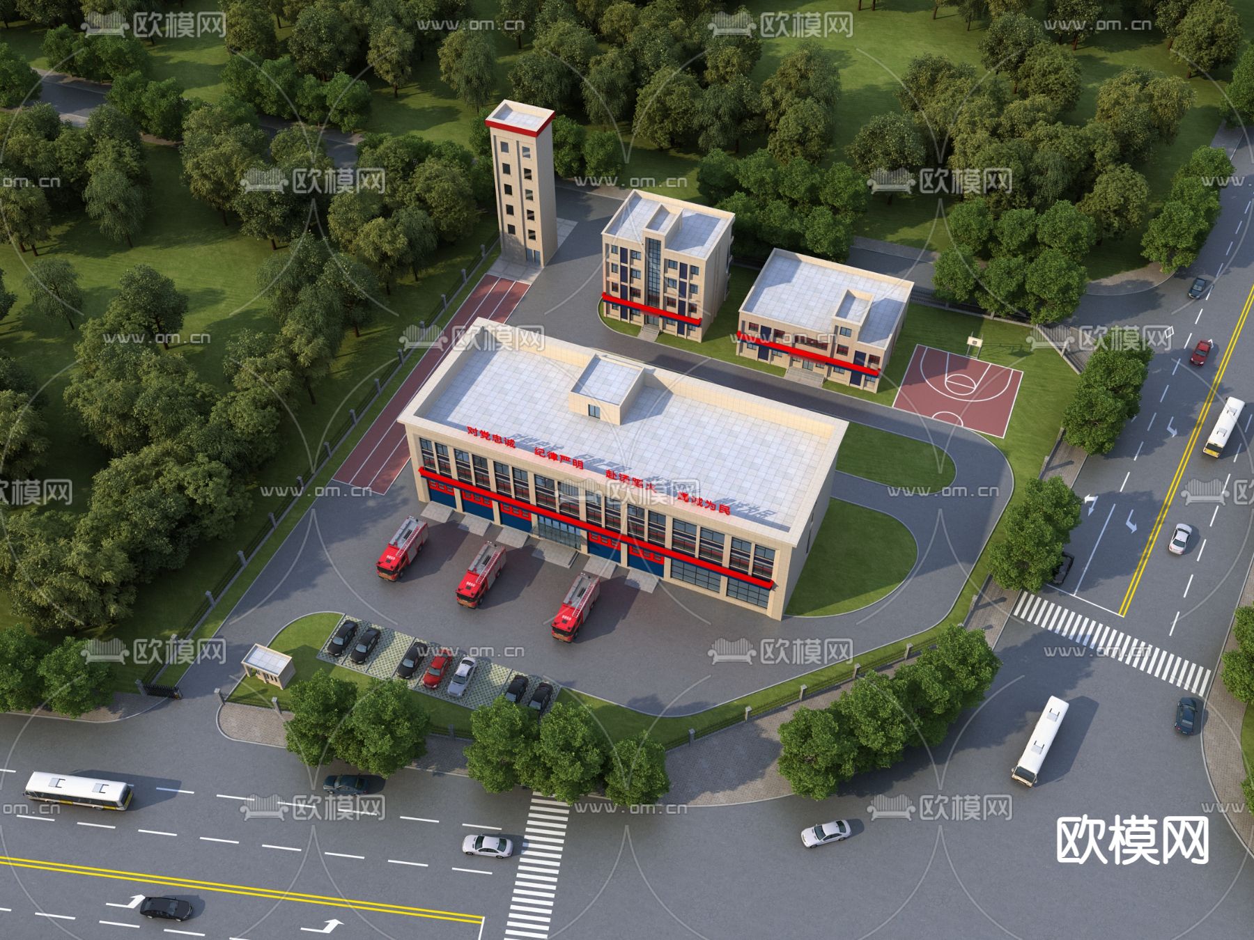 现代消防站 消防车 消防局 办公楼鸟瞰su模型下载（渲染图2）