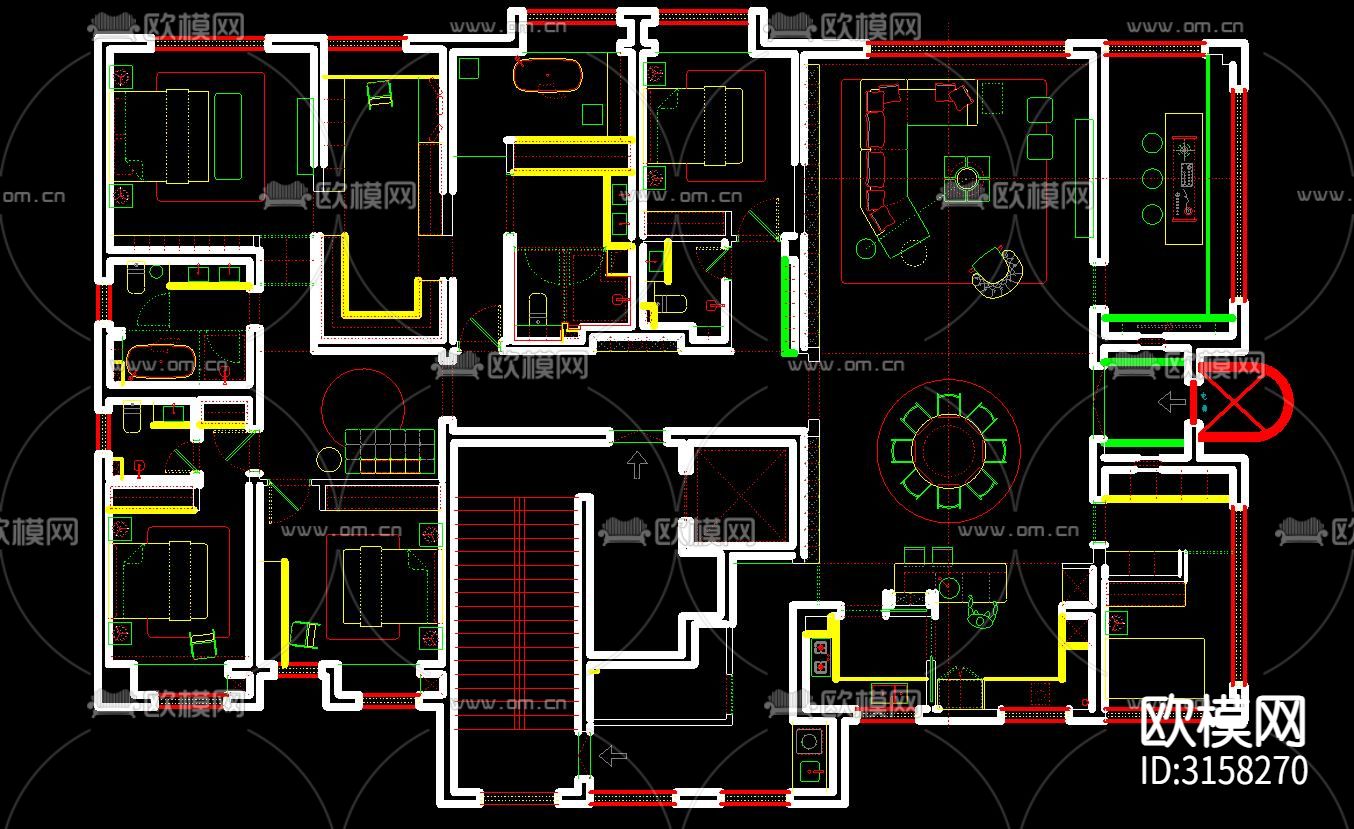 家具住宅五室设计方案cad平面图下载（渲染图1）