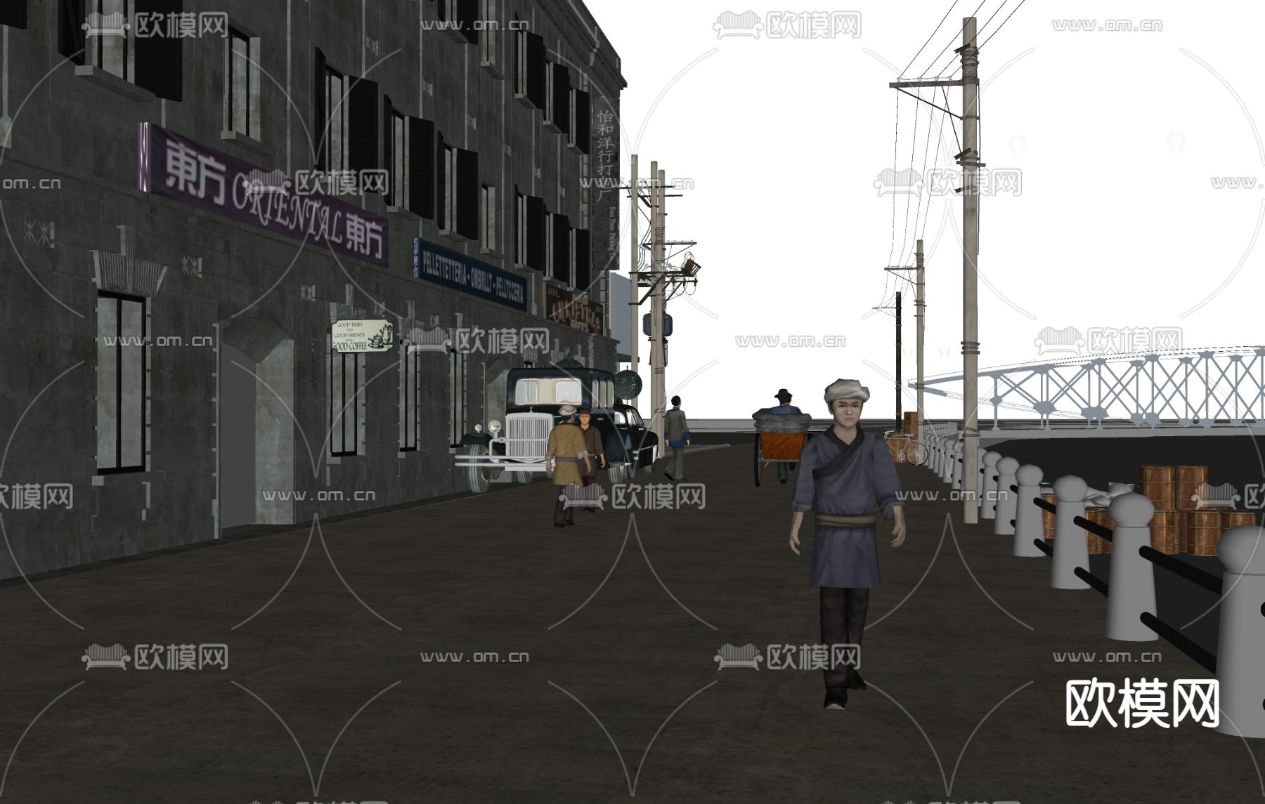 古建筑 特色建筑 人物码头 电线杆子su模型下载（渲染图1）