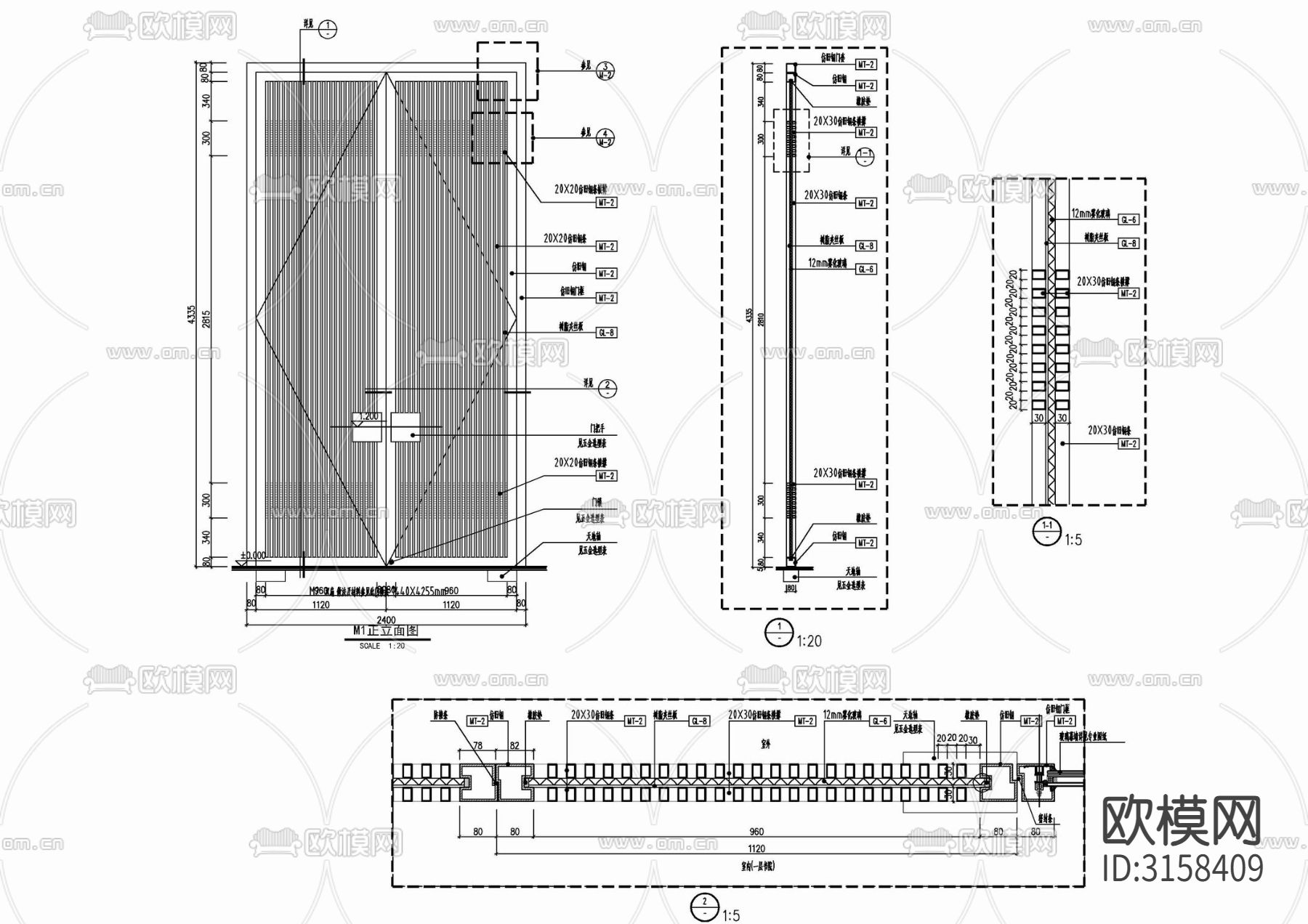 新中式木格栅滑门开门cad施工图下载（渲染图3）