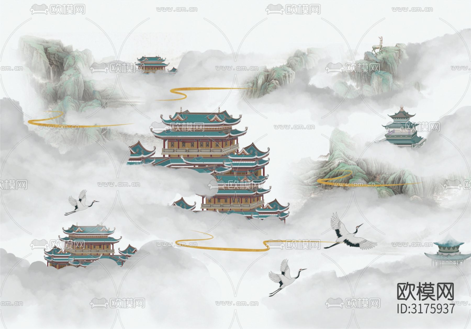 新中式仙境装饰壁纸贴图下载