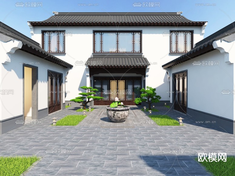 新中式四合院3d模型下载(渲染图1)