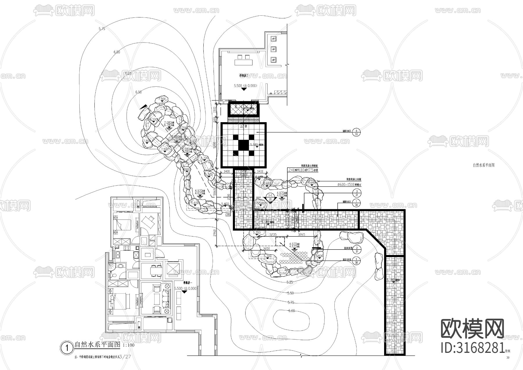 景观自然水系cad大样图下载（渲染图1）