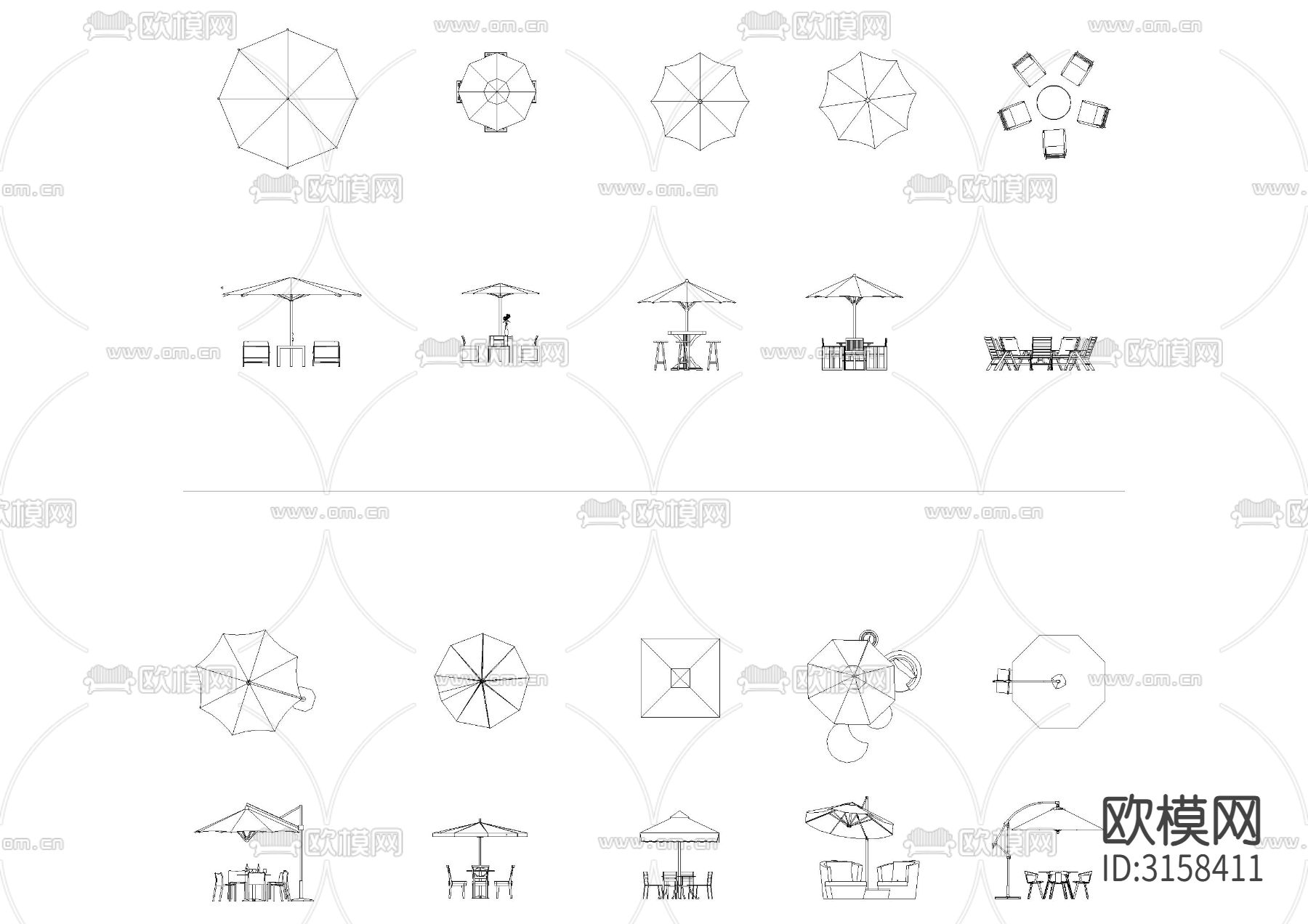 户外遮阳伞桌椅cad图库下载（渲染图3）