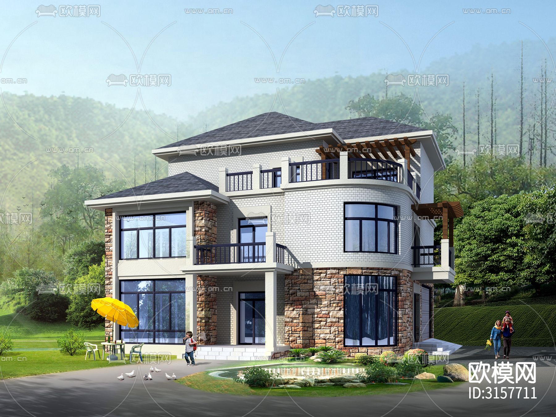 三层独栋别墅建筑cad施工图下载（渲染图1）