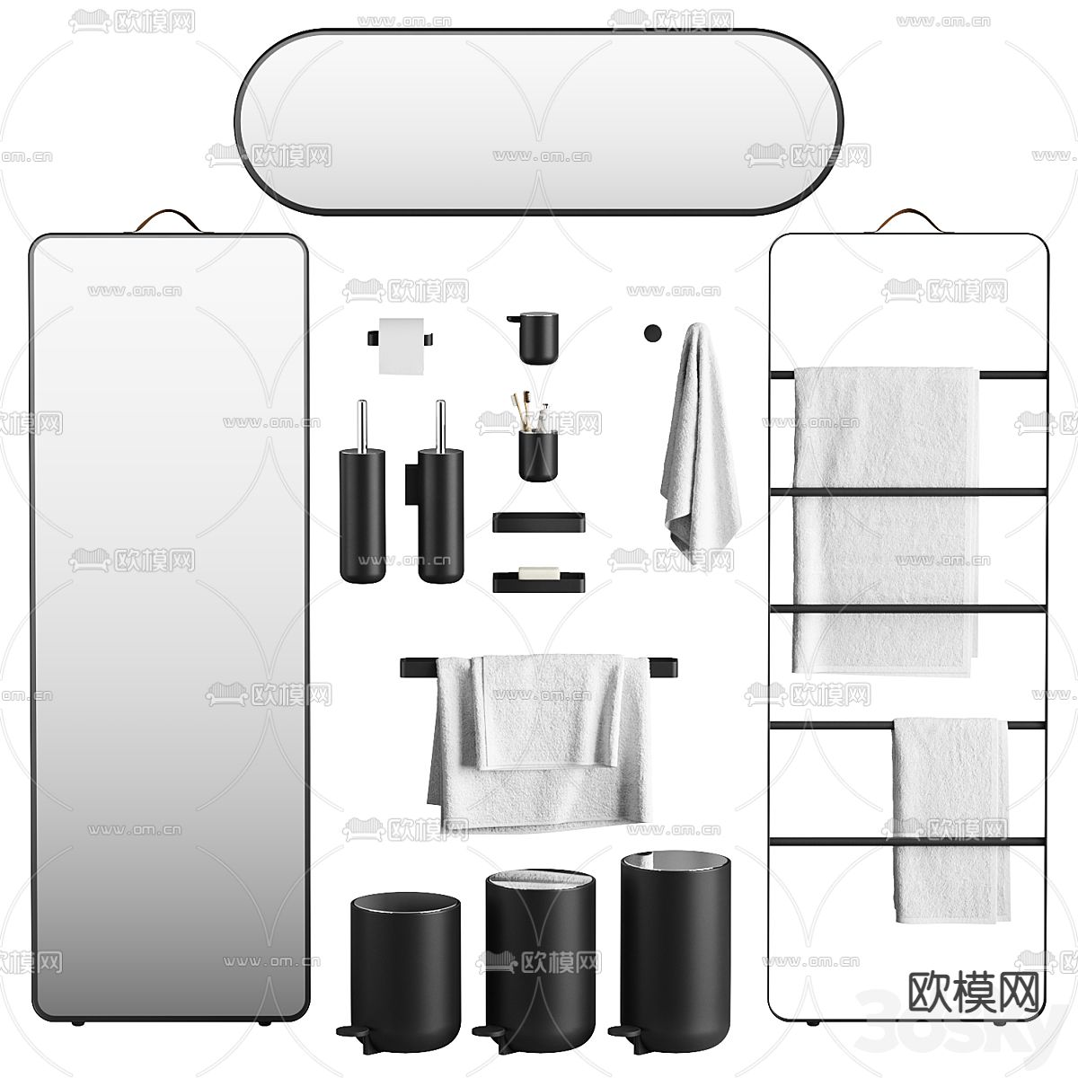 卫浴摆件 毛巾 镜子 垃圾桶3d模型下载（渲染图1）
