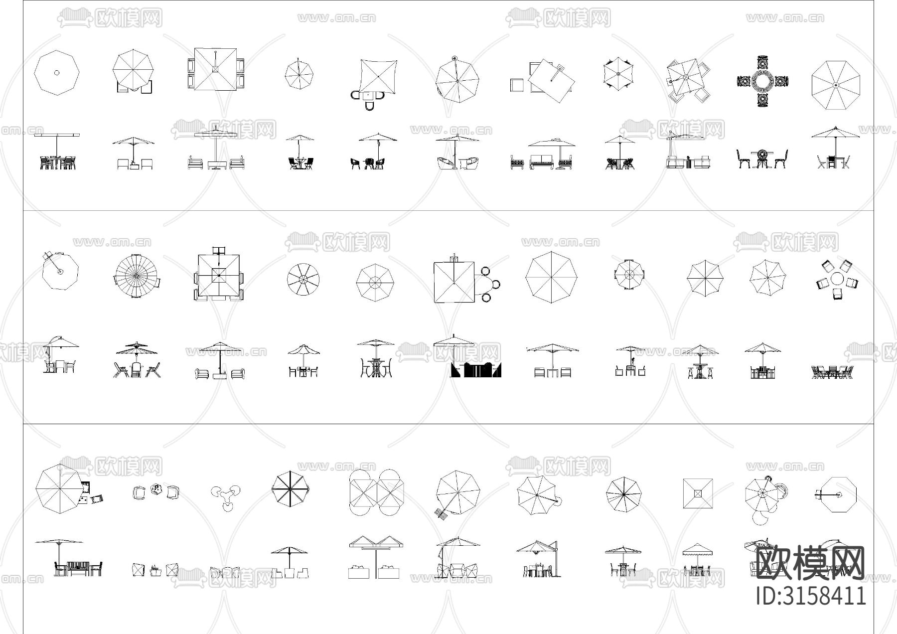 户外遮阳伞桌椅cad图库下载（渲染图1）