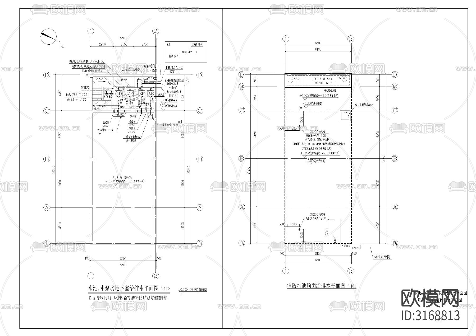 消防水池及泵房给排水cad施工图下载（渲染图1）
