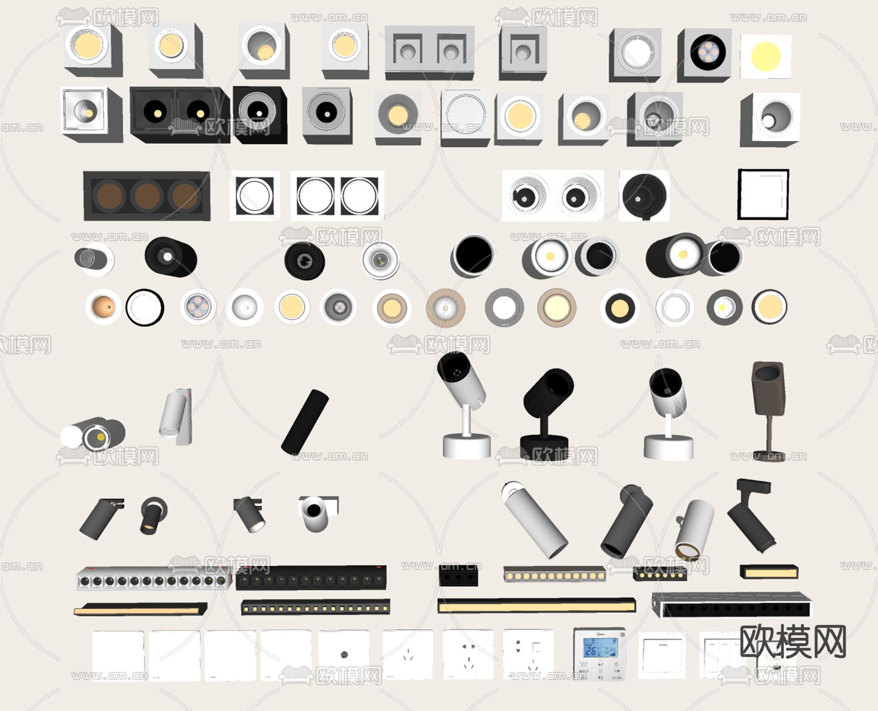 现代筒灯 射灯 明装射灯 牛眼灯 线型灯 转向灯 壁灯su模型下载（渲染图2）