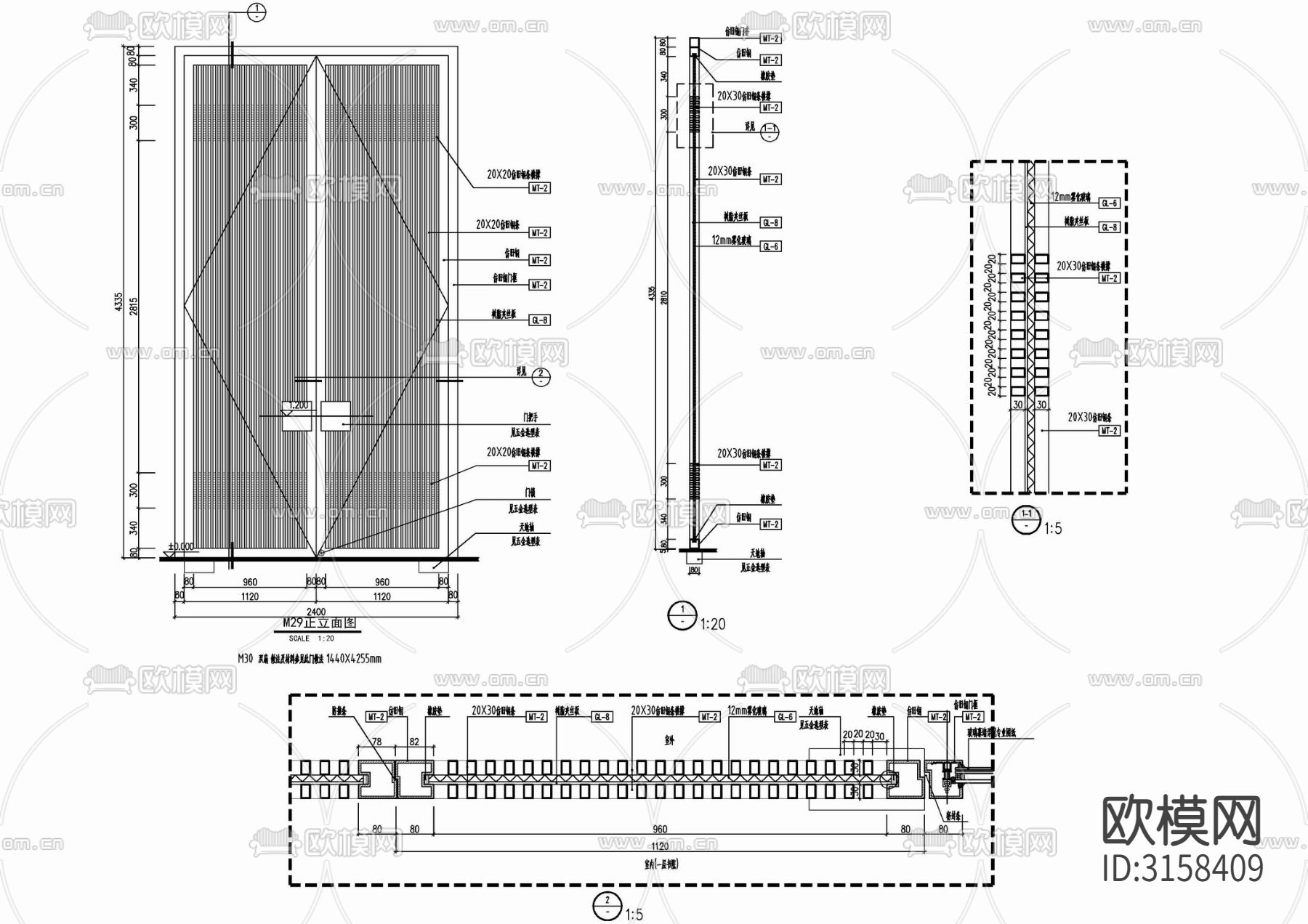 新中式木格栅滑门开门cad施工图下载（渲染图2）