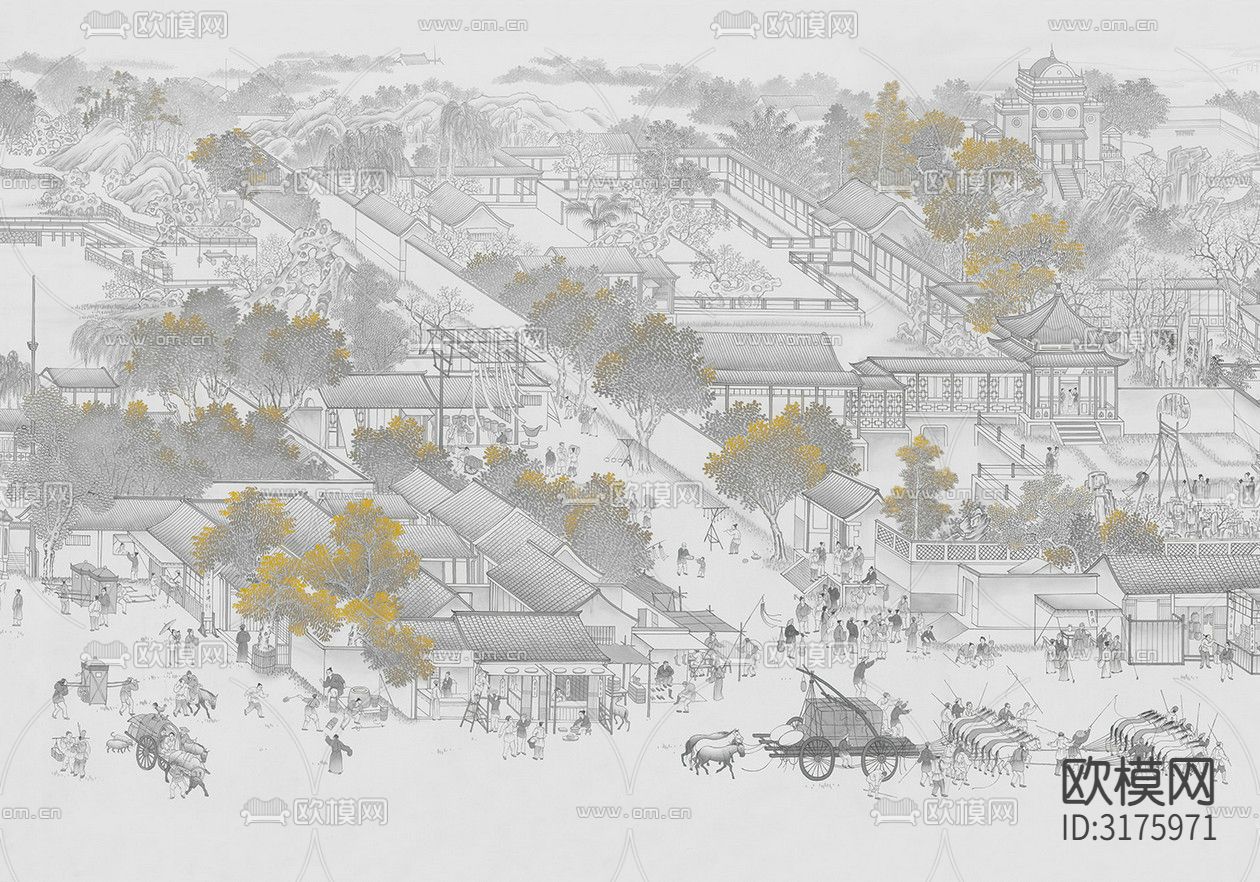 中式清明上河图壁画贴图下载