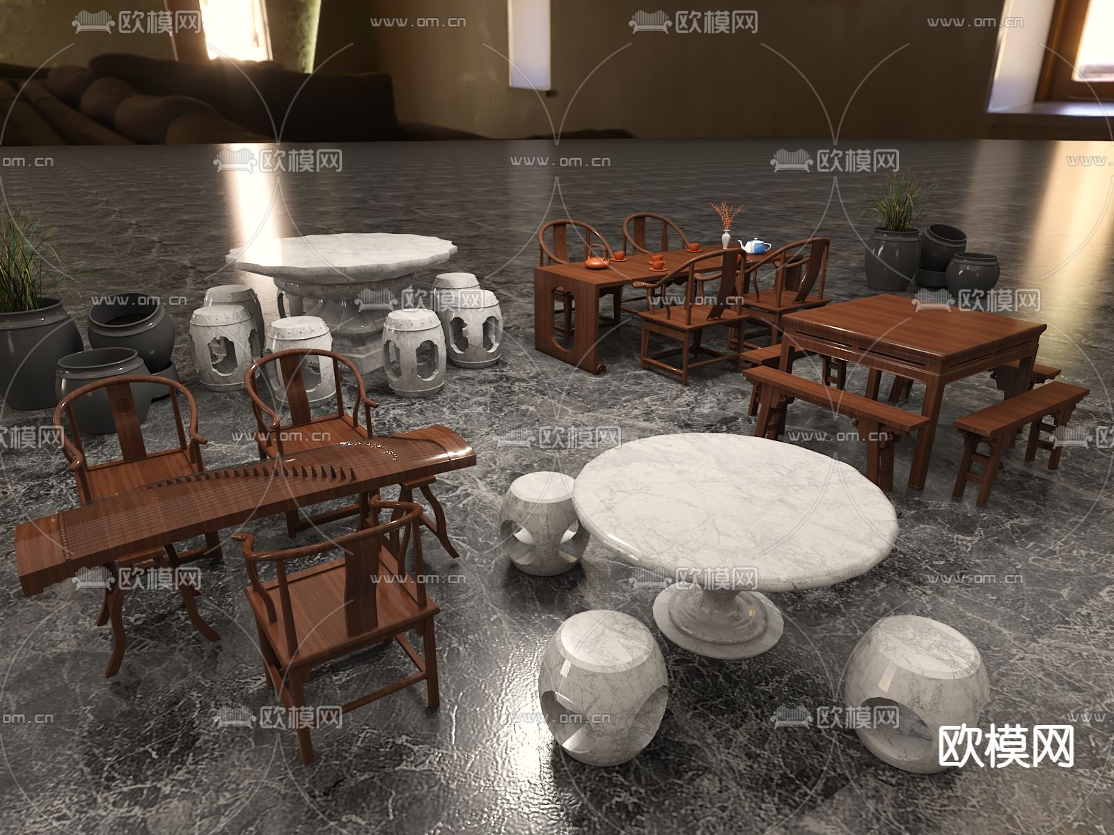 户外桌椅 石头桌椅 八仙桌3d模型下载