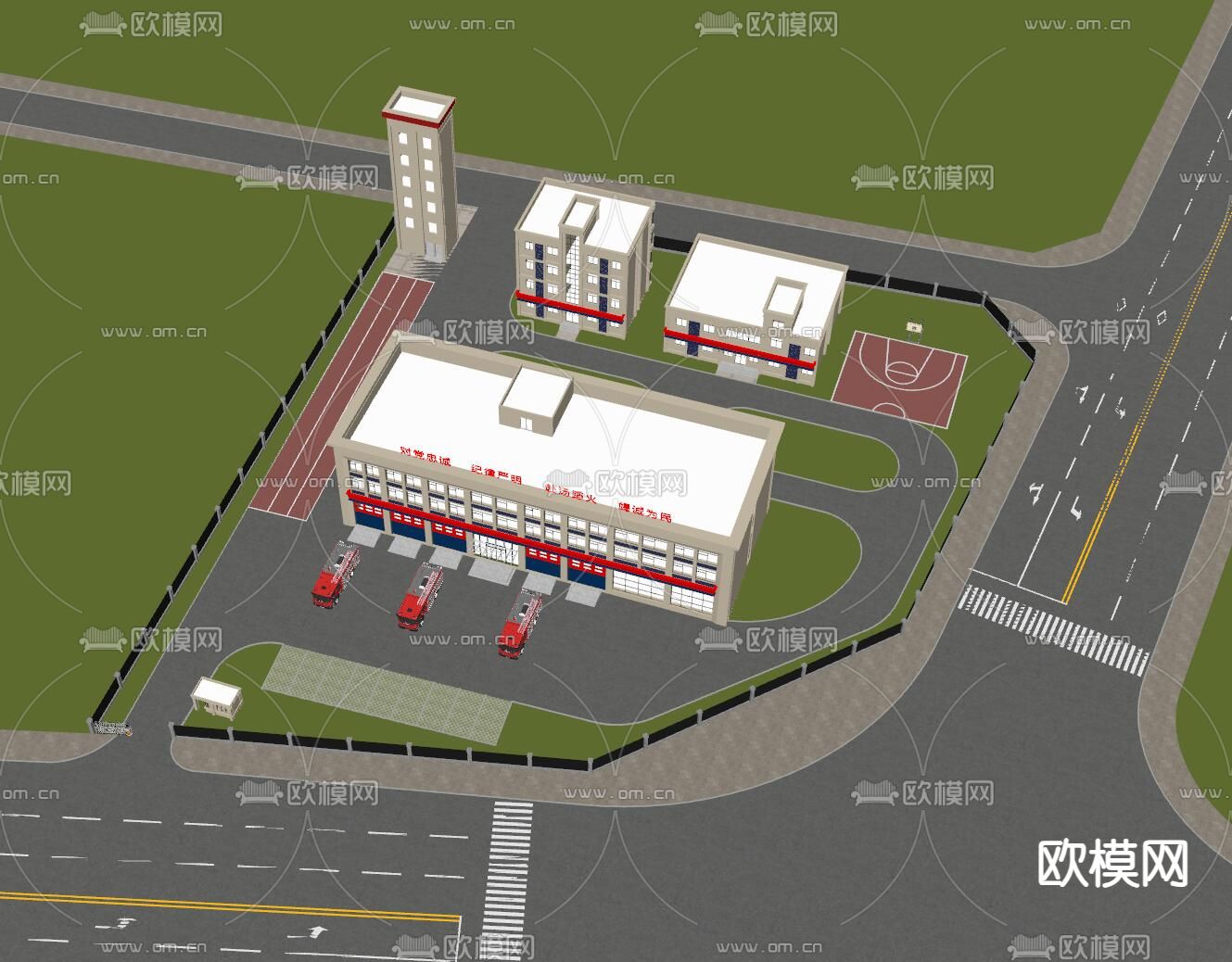 现代消防站 消防车 消防局 办公楼鸟瞰su模型下载（渲染图1）
