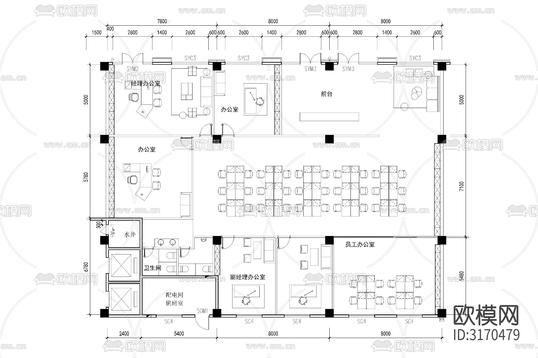 办公室工装家具办公空间cad平面图下载（渲染图5）
