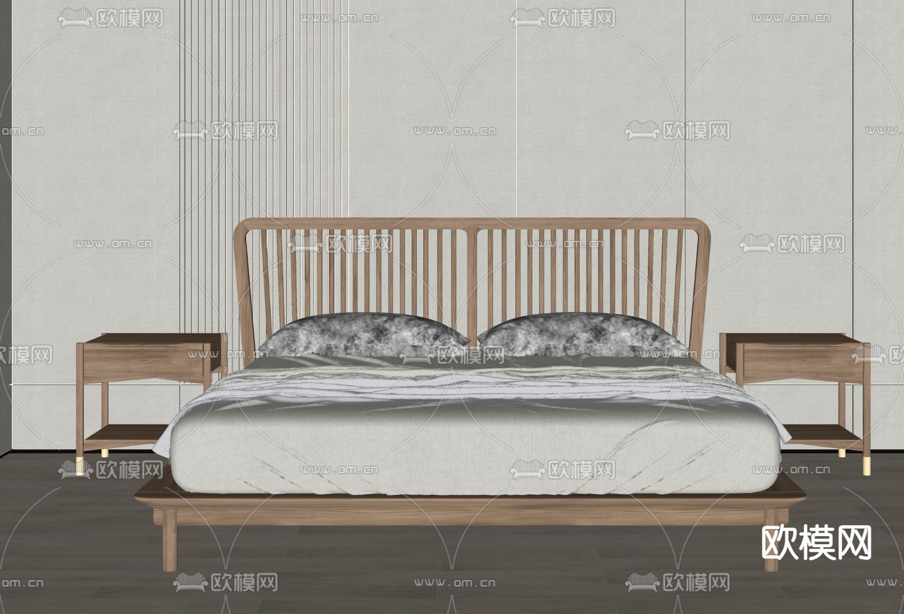 中古风双人床su模型下载（渲染图1）