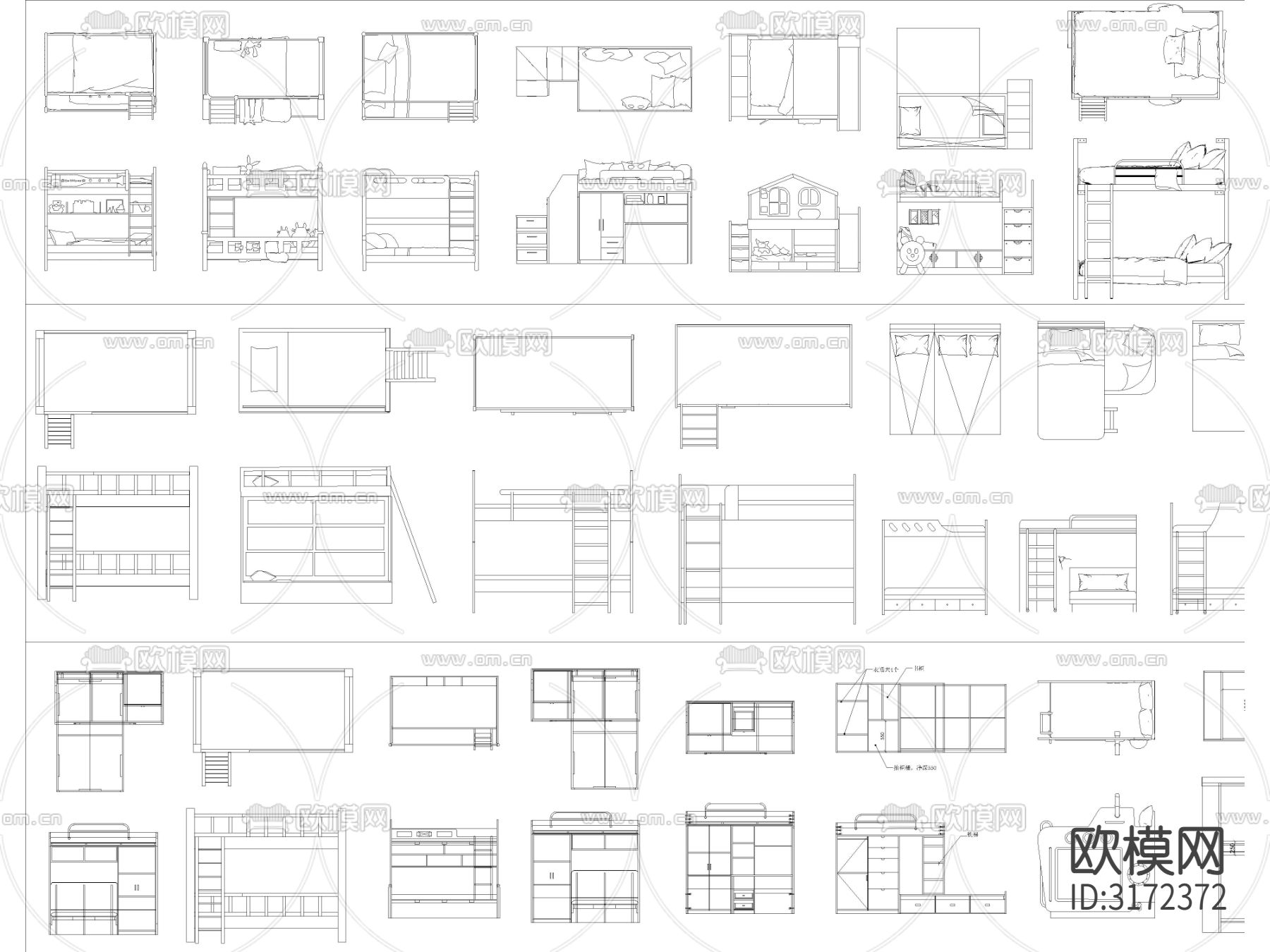 上下床高低床 双层床儿童床cad图库下载（渲染图4）