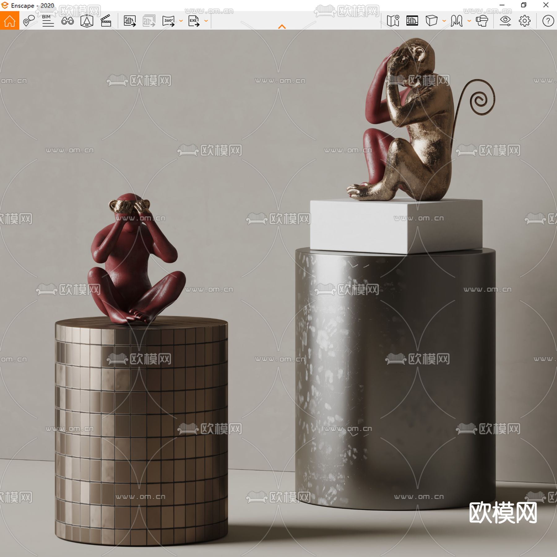 猴子雕塑 金属雕塑su模型下载（渲染图3）