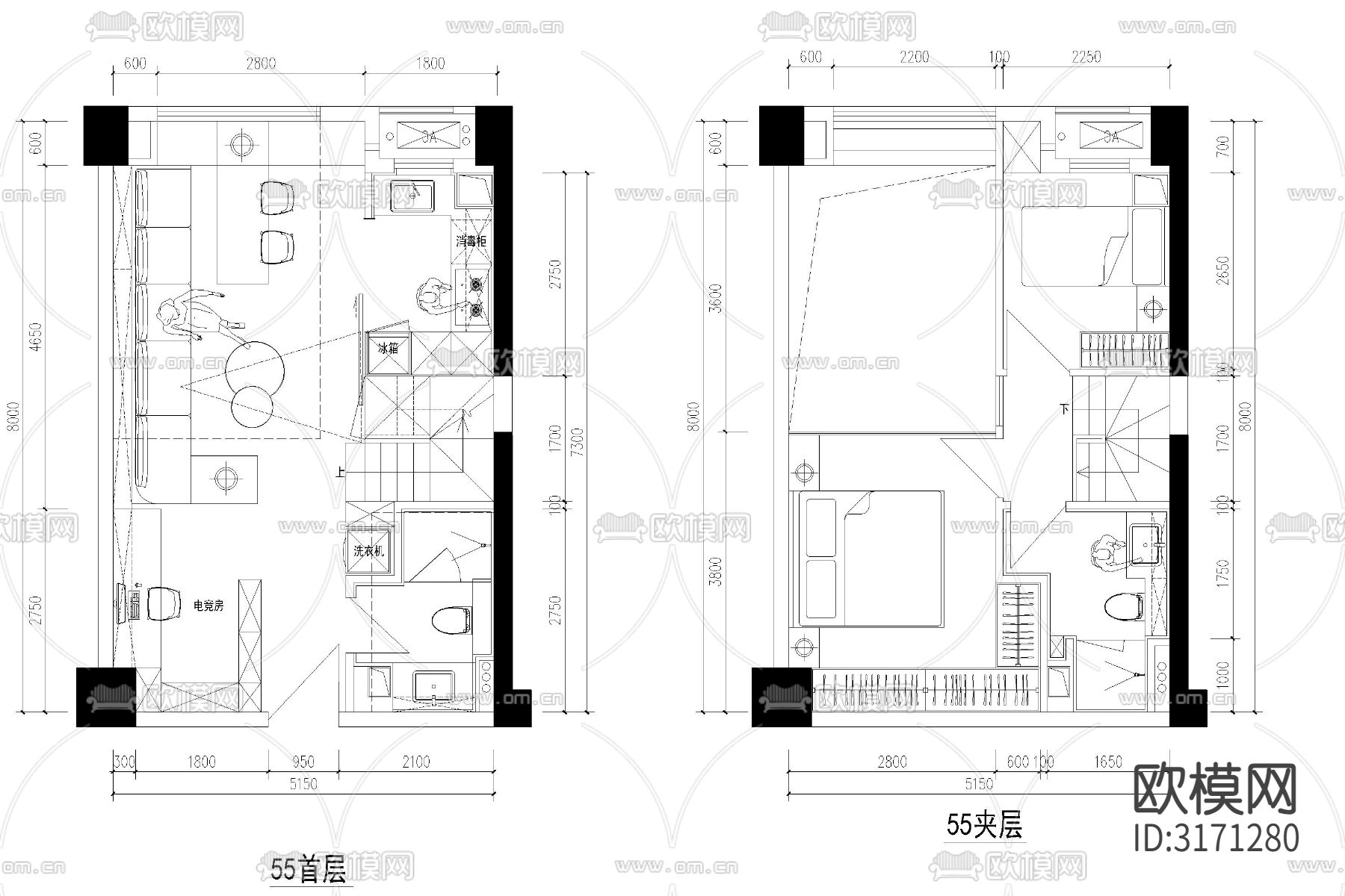 公寓小户型平面布局cad图库下载（渲染图8）