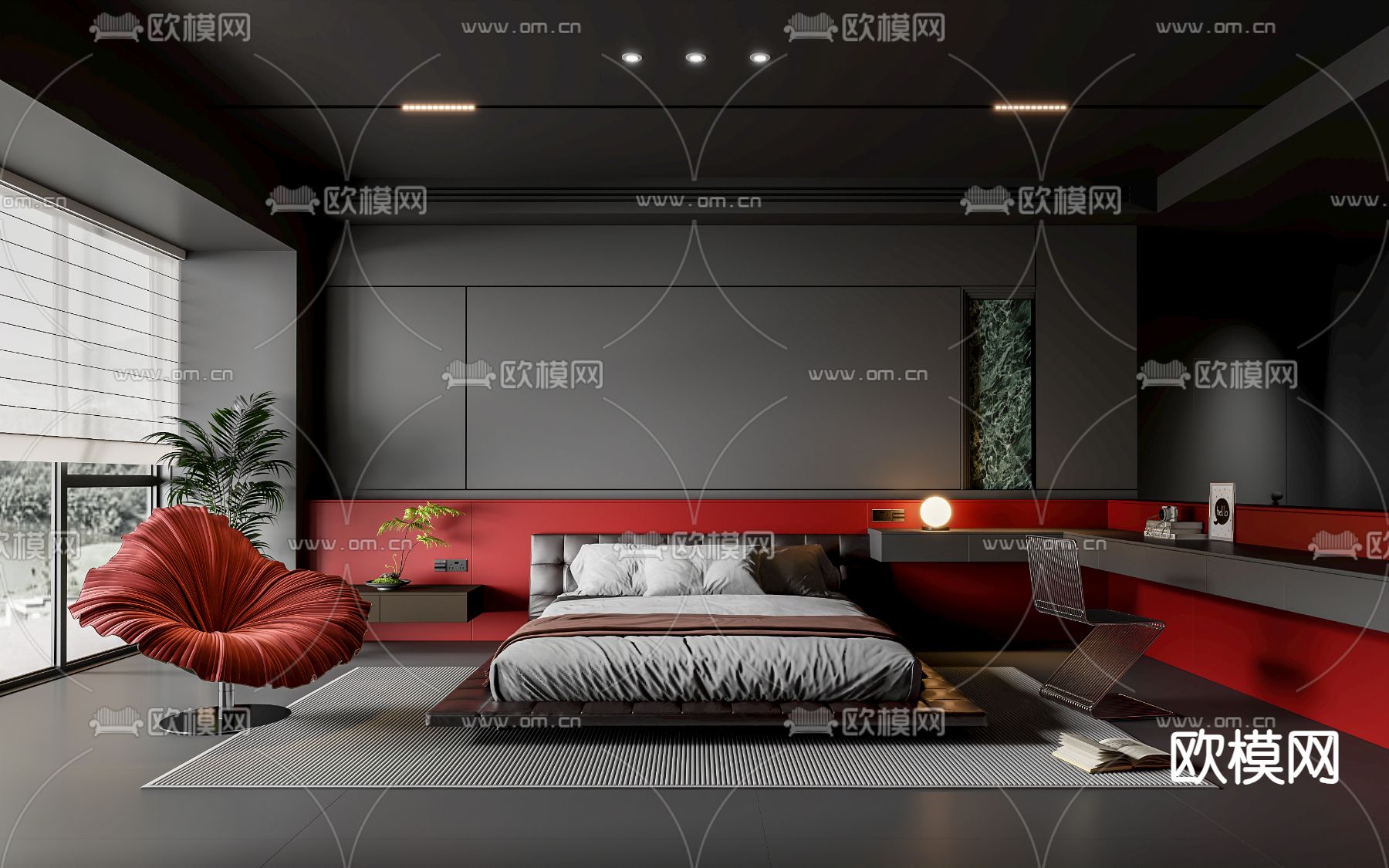 暗黑风卧室 主卧 主人房su模型下载（渲染图2）