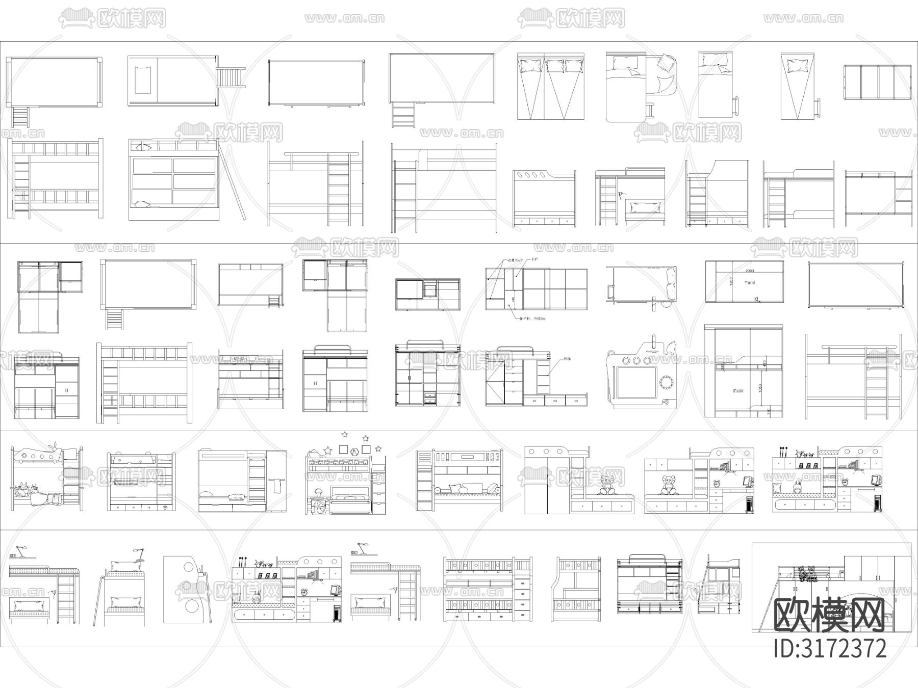 上下床高低床 双层床儿童床cad图库下载（渲染图3）