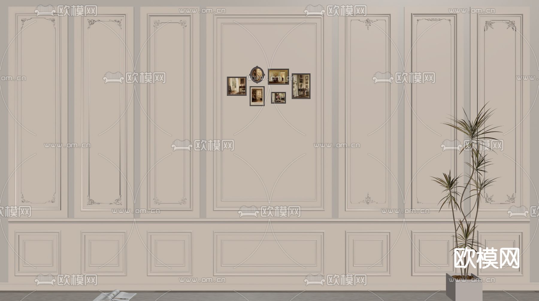 美式护墙板 雕花角线su模型下载（渲染图2）