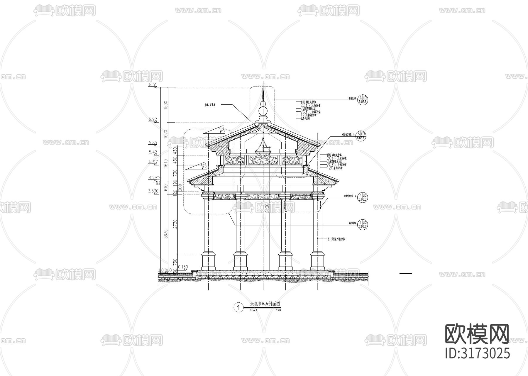 欧式双层六角亭cad大样图下载（渲染图4）