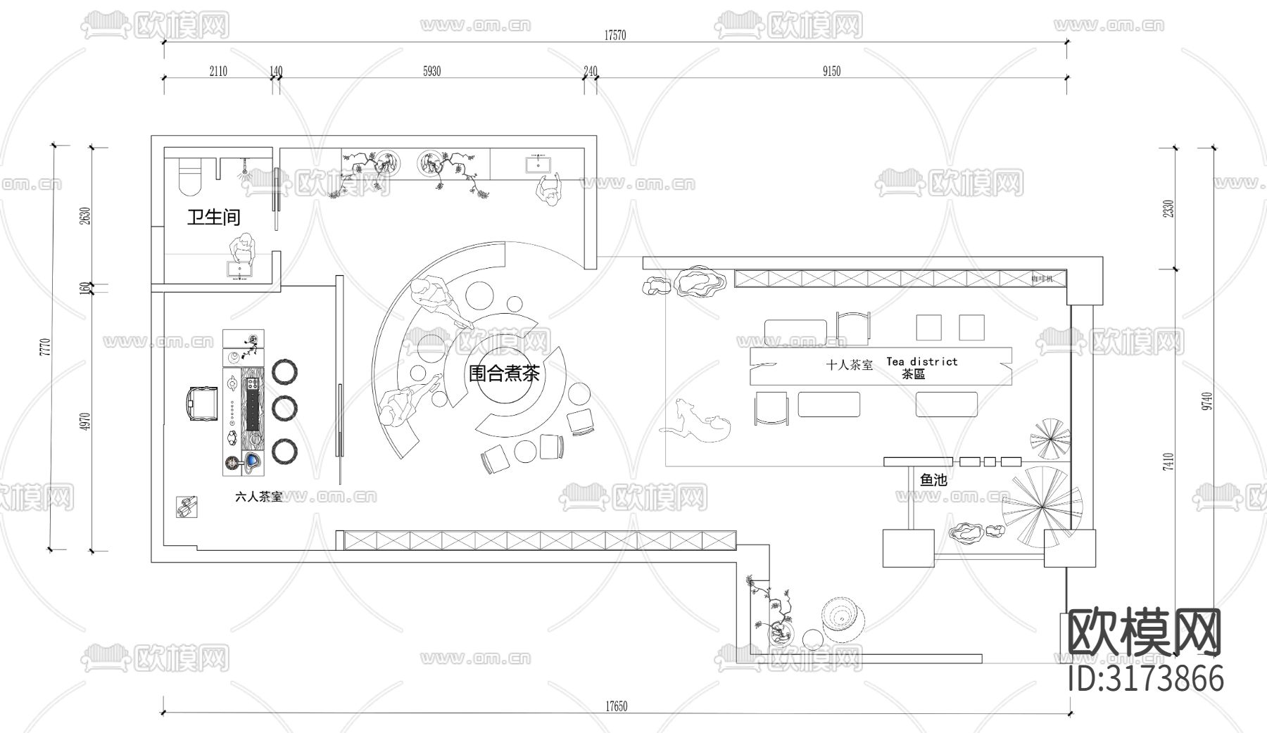 茶馆茶楼 茶叶专卖店cad平面图下载（渲染图2）
