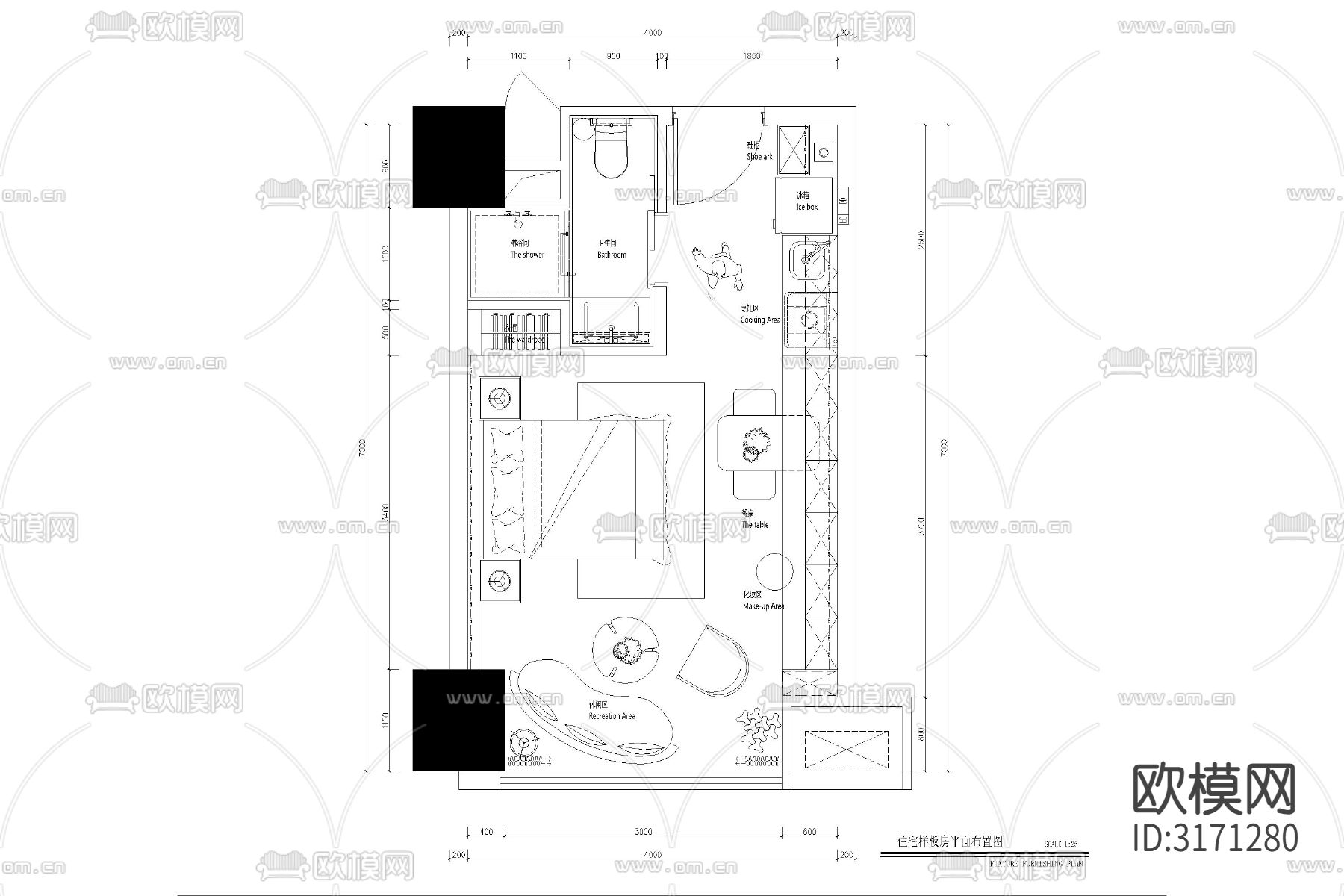 公寓小户型平面布局cad图库下载（渲染图3）