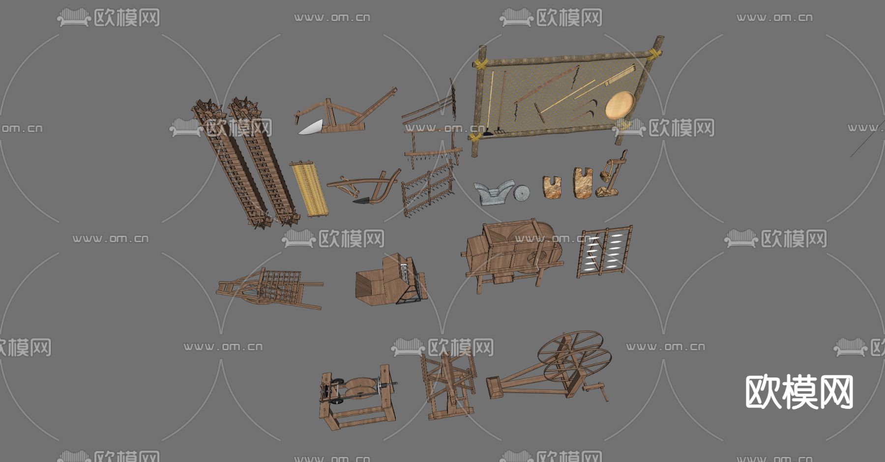 农用器械 锄头 镰刀 耕耘机 耙子su模型下载（渲染图1）
