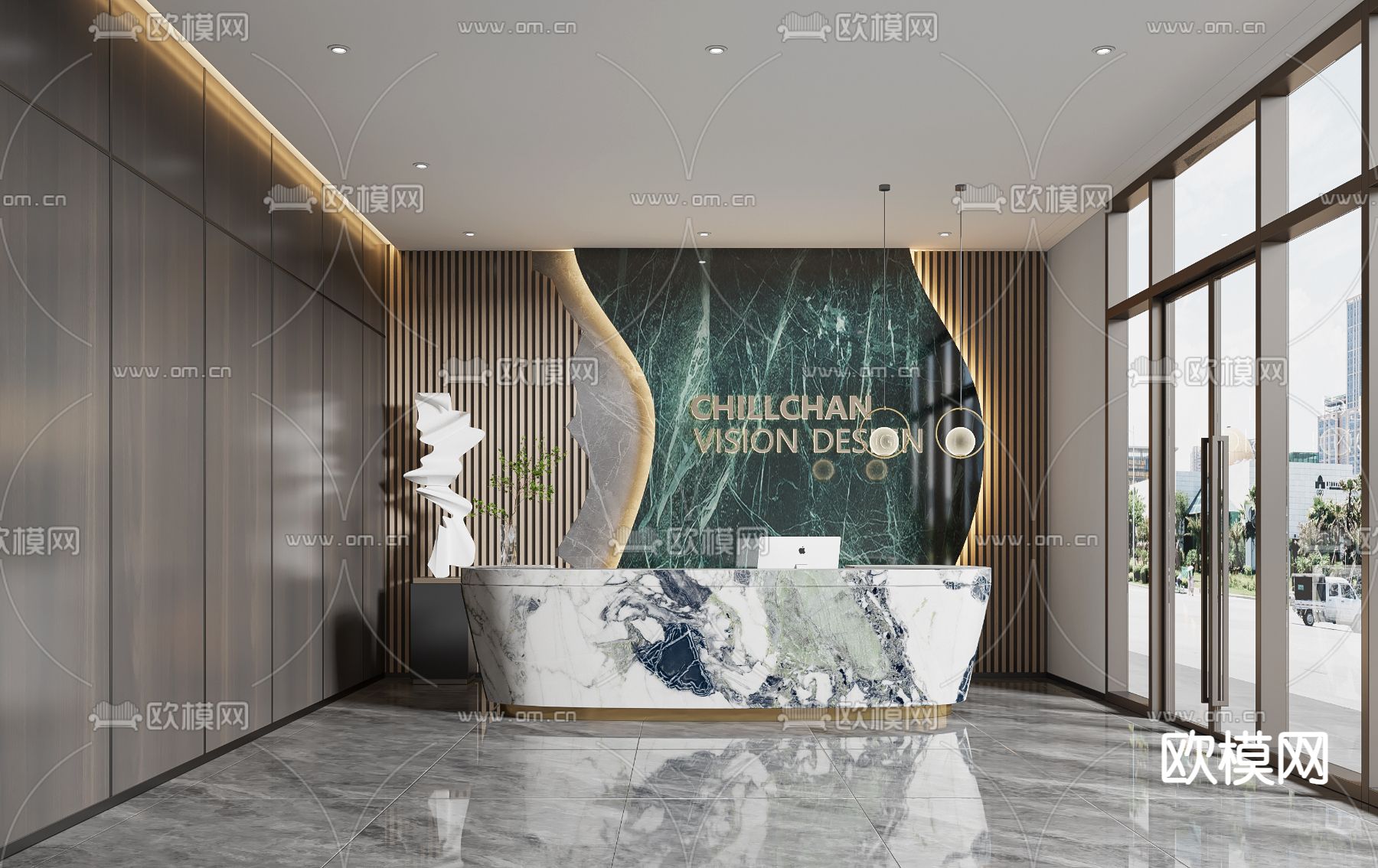 现代办公室前台su模型下载（渲染图2）